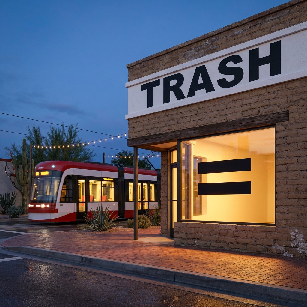 Adobe-brick Tucson storefront at dusk with a black TRASH wordmark and an equals sign painted on the window